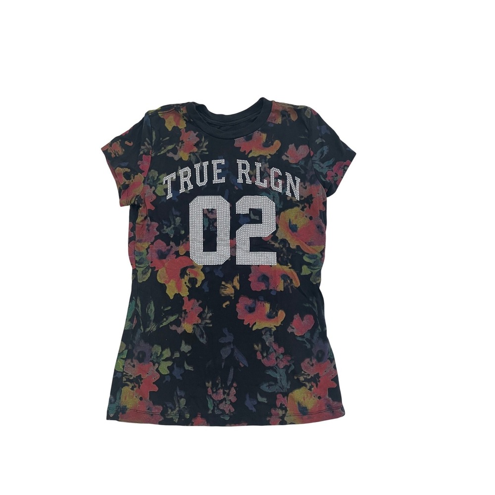 True Religion Womens Y2K Floral Rhinestone Graphic Tee‎ Black Short Sleeve S